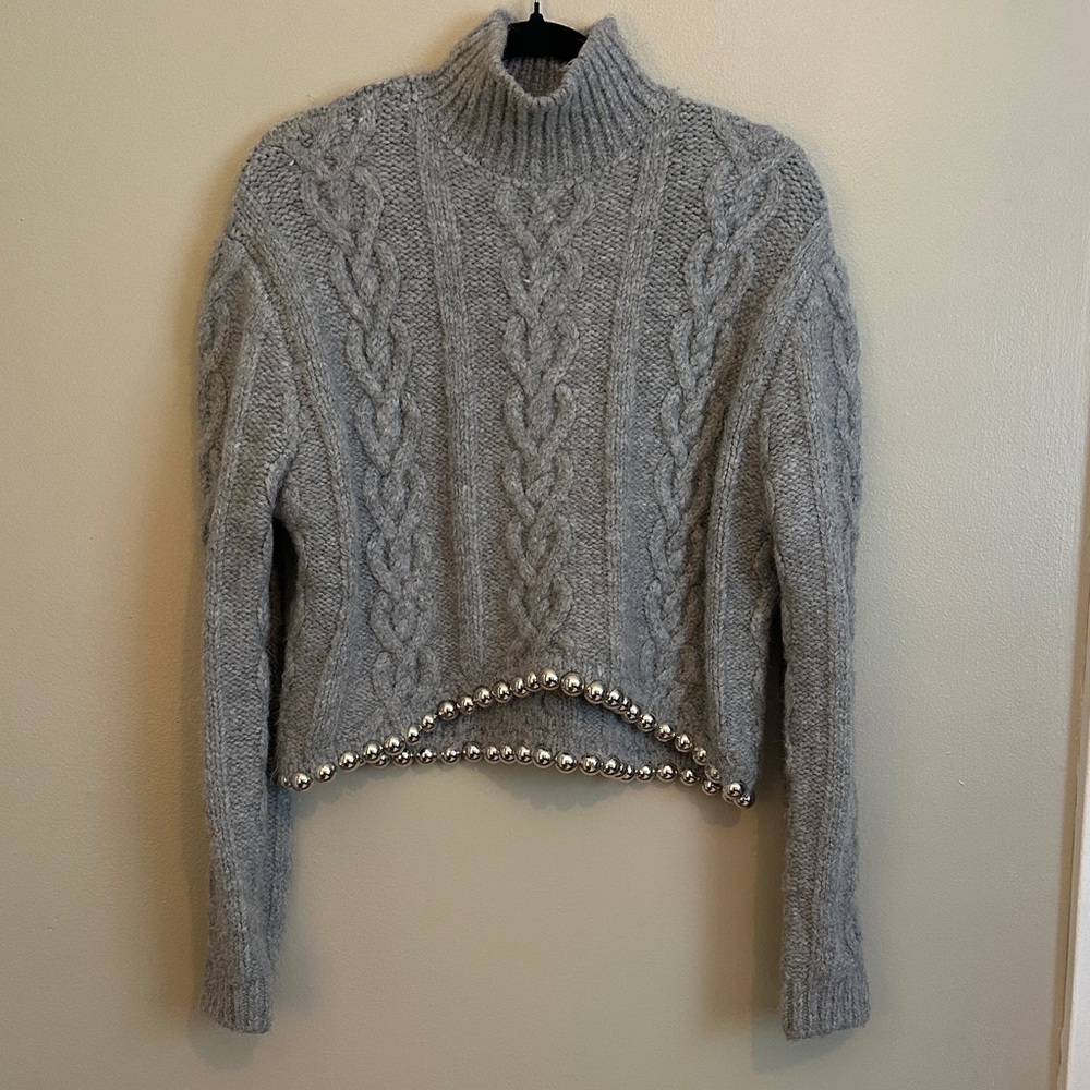 Zara Gray Cable Knit Turtleneck Sweater with Beaded Detail